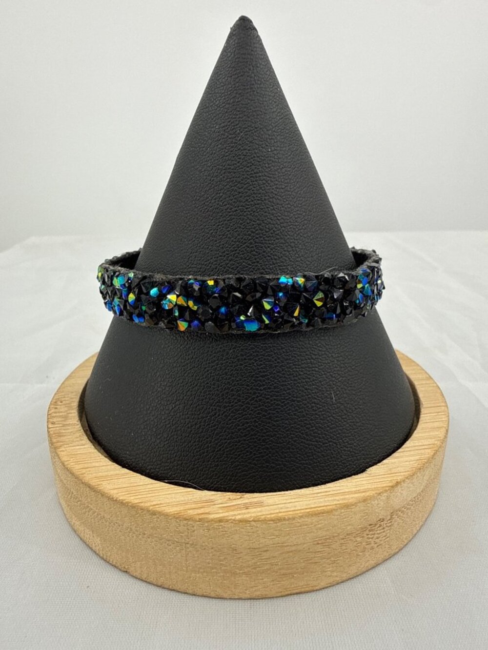 Stylish Black Cuff Bracelet Shimmering Iridescent Blue Green Crystal Rhinestones